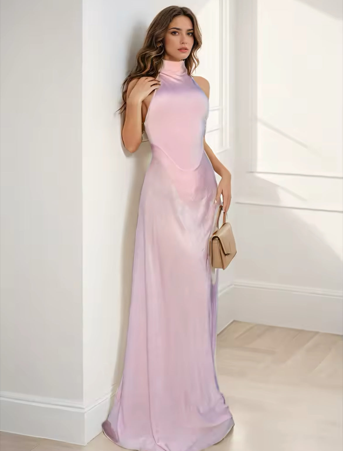 *NEW Baby Pink Satin Gauze with High Collar A line Dress