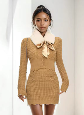 *NEW Faux Fur Collar Knitted Two-piece - comes in tan and beige