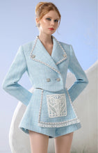 Load image into Gallery viewer, Lapel Rhinestone Pearl Blazer with Flower Patchwork High Waisted Shorts