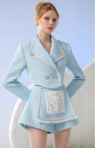 Lapel Rhinestone Pearl Blazer with Flower Patchwork High Waisted Shorts