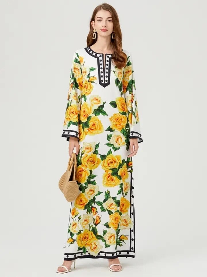 Yellow Rose Flower Printed Loose Maxi Dress