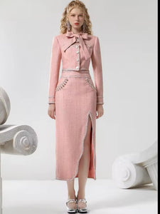 Premium Pink Bow Jacket & High Split Maxi Skirt