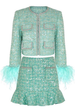 Premium Turquoise Sequin Tweed Blazer & Skirt