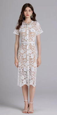 Chic Embroidery & Lace Midi Dress with Diamanté Bow - comes in pink or white