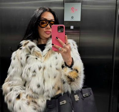 Spotted White Print Faux Fur Coat