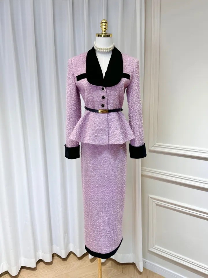 Velvet Tweed Lotus Leaf Blazer with a High Waisted Split Skirt with belt