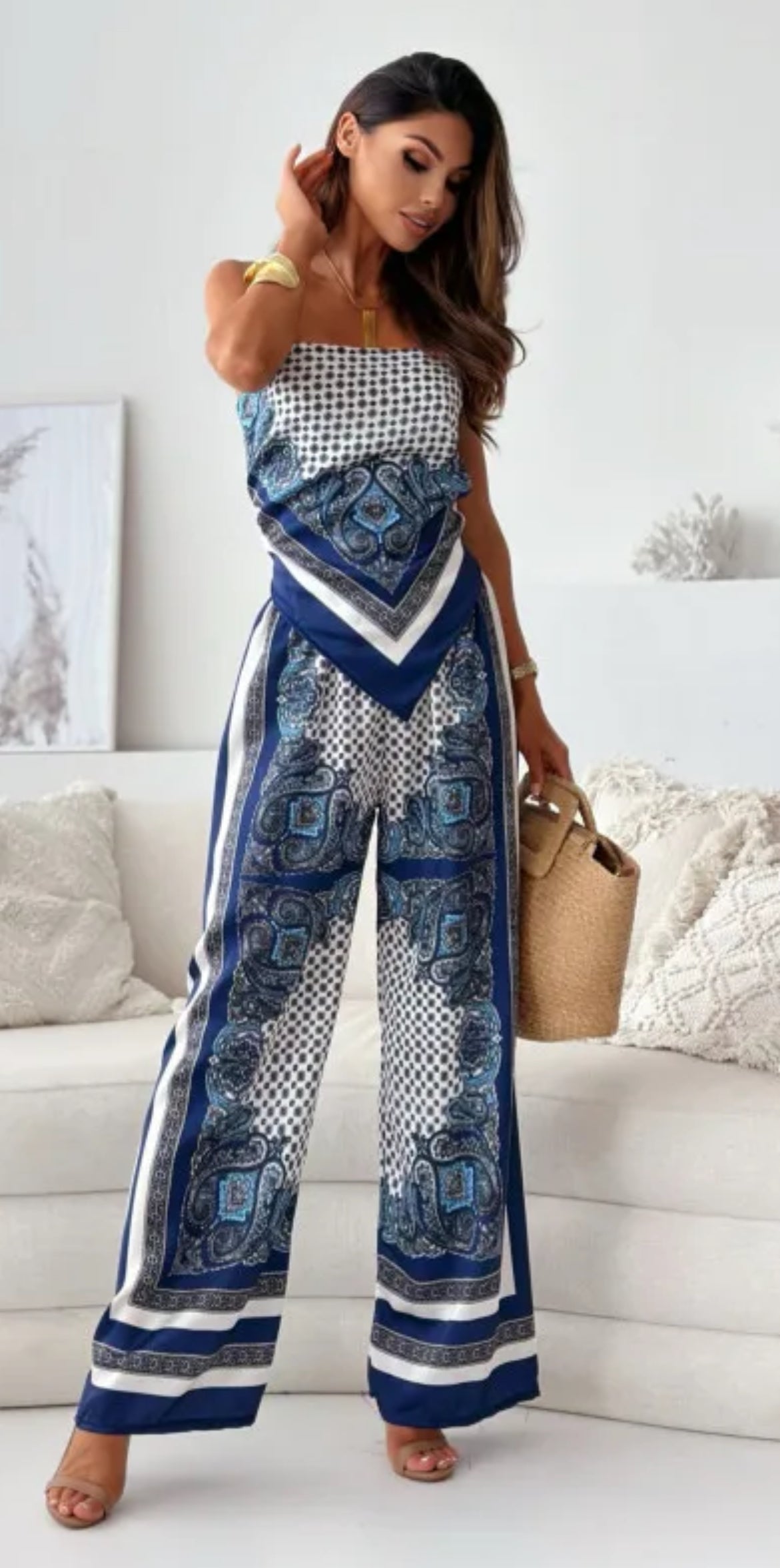 Satin Print Two Piece Set - comes in blue and grey