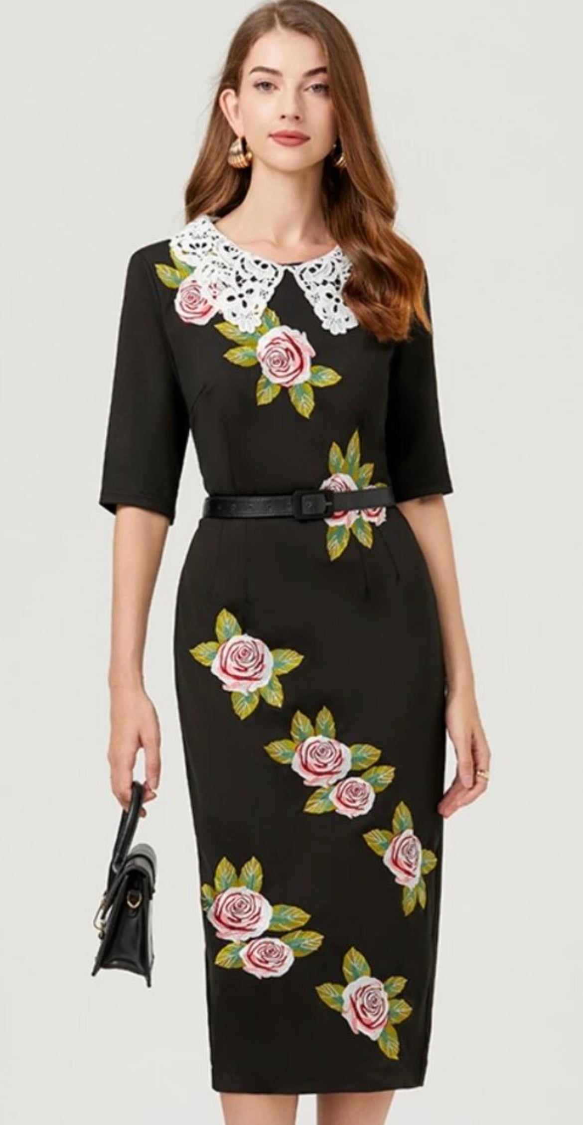 Embroidery Of Dreams Lace Collar MIDI Dress with belt