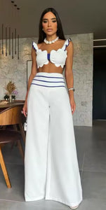 Chic Me white with blue trim trouser set