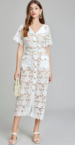 White Luxe and Lace Midi Dress with belt