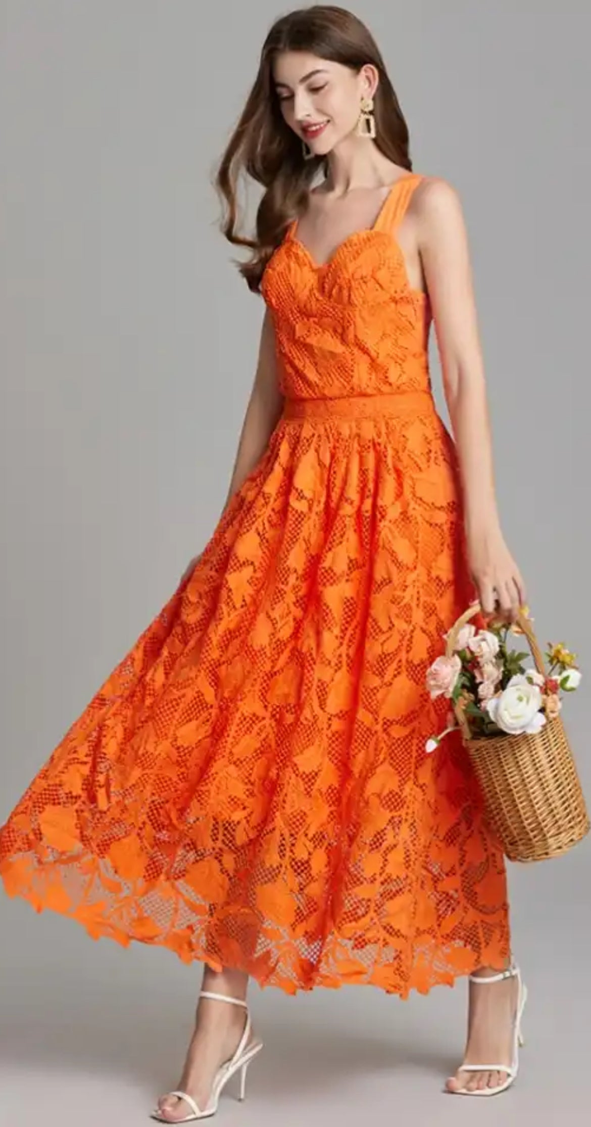 Summer Calling Orange Lace Midi Dress