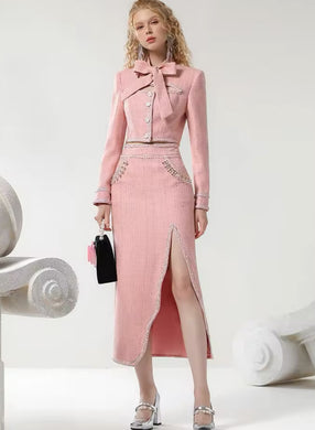 *NEW Premium Pink Bow Jacket & High Split Maxi Skirt