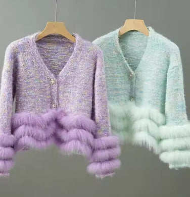 Pastel Faux Fur & Feathers Knitted Jacket Cardigan - comes in Lavender & Mint