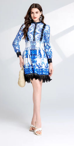 Blue decorative elasticised Waist Mini Dress