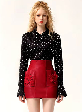 Premium Polka Dot Satin Shirt & Red Leather Mini Skirt