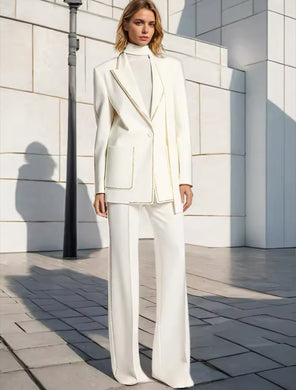 Staple White Blazer & High Waisted Wide Trouser Suit with Neck Tie