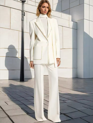 HIGH QUALITY Staple White Blazer & High Waisted Wide Trouser Suit with Neck Tie