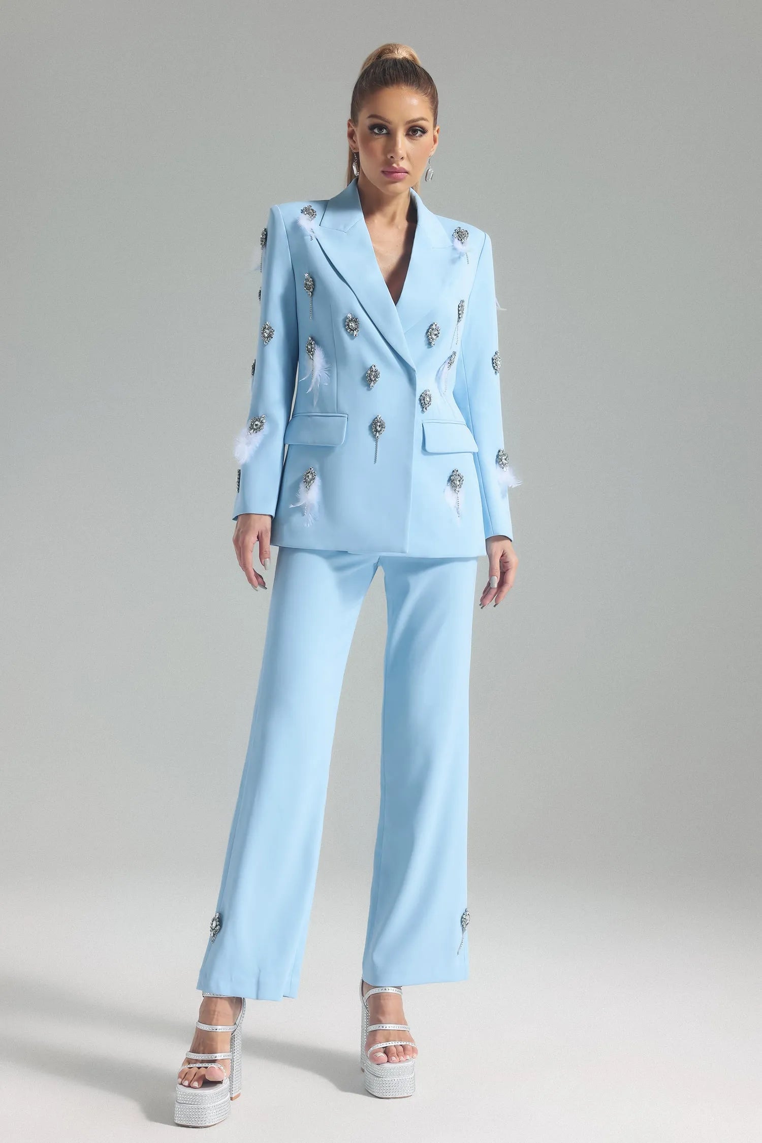 Diamonds Feather Lapel Flare Trousers Suit