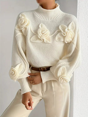 Cream Rose Turtleneck Jumper