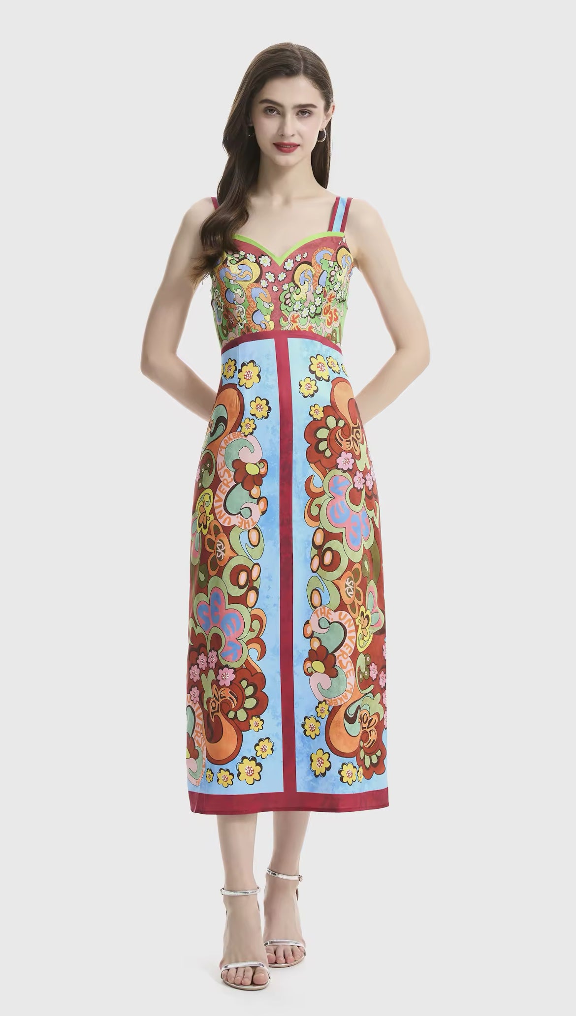 * NEW SS24 All Retro Pattern Spaghetti Strap Midi Dress