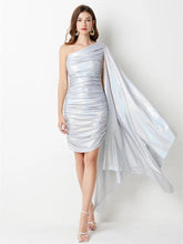 Load image into Gallery viewer, Silver Lining Glossy Asymmetrical MIDI Dress