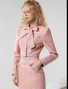 Premium Pink Bow Jacket & High Split Maxi Skirt