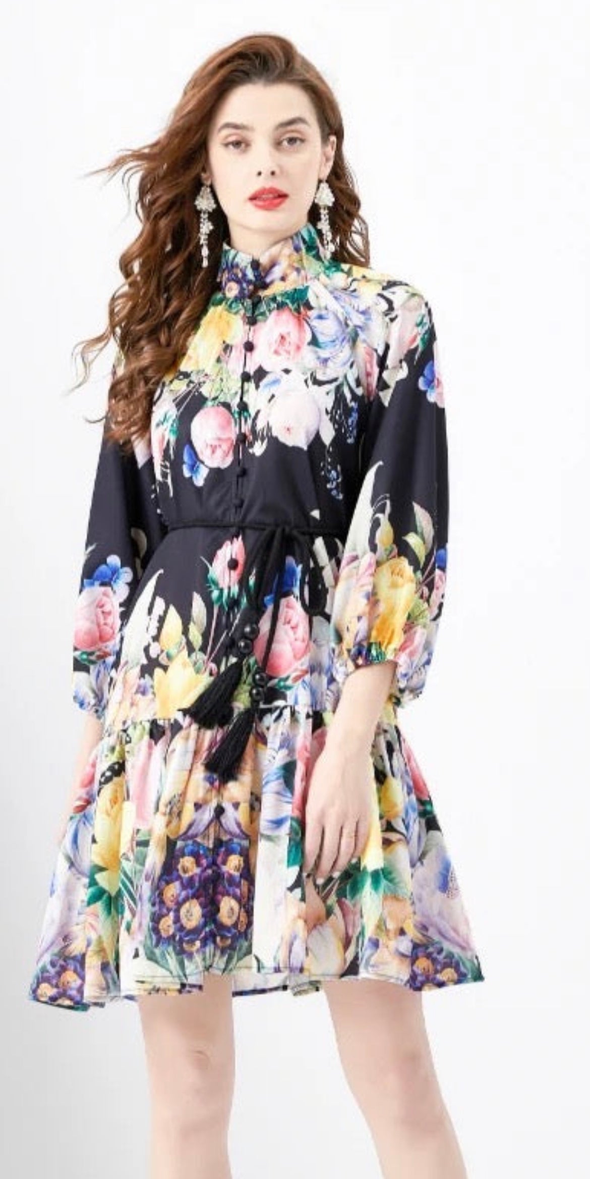 Evening blooms mini dress with waist tie