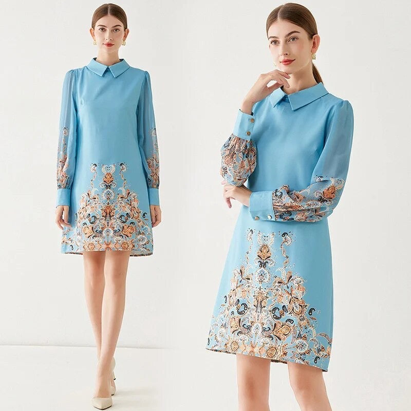 Lantern Sleeve A Line Dress with Floral Print and Peter Pan Collar