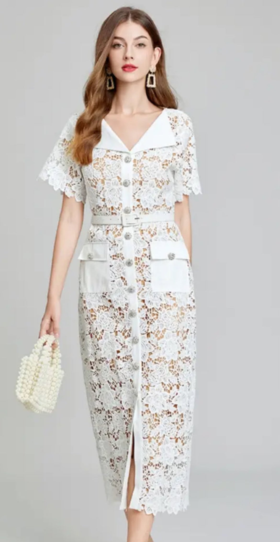 White Luxe and Lace Midi Dress with belt