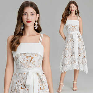 Snow White Lace Flower Embroidery Spaghetti Strap Dress