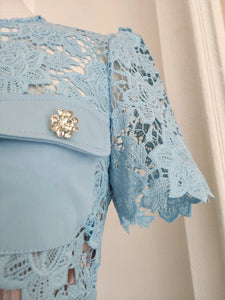 Baby Blue Belted Lacey Peplum Mini Dress