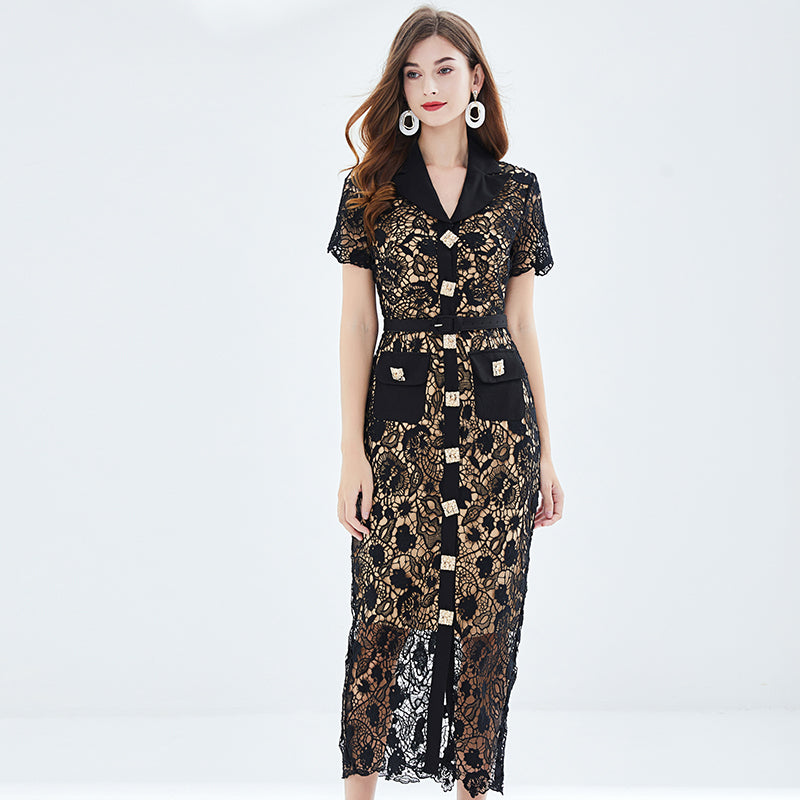 Black lace embroidery dress with gold buttons