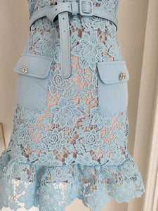 Baby Blue Belted Lacey Peplum Mini Dress