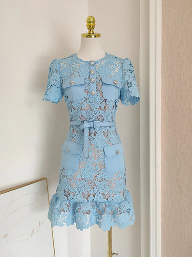 Baby Blue Belted Lacey Peplum Mini Dress