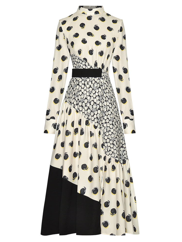 Vintage Print Spliced Midi Dress