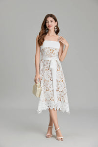 Snow White Lace Flower Embroidery Spaghetti Strap Dress