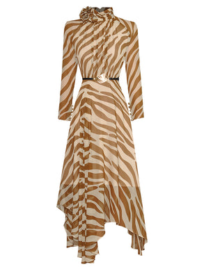 Zebra Print Stand Collar Lace-up Midi Dress with belt - Comes in Black or Tan