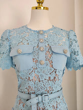 Load image into Gallery viewer, Baby Blue Belted Lacey Peplum Mini Dress