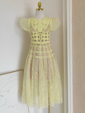 Flower Yellow Embroidery Lace Midi Dress