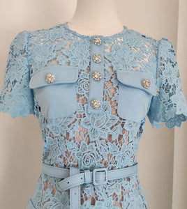 Baby Blue Belted Lacey Peplum Mini Dress