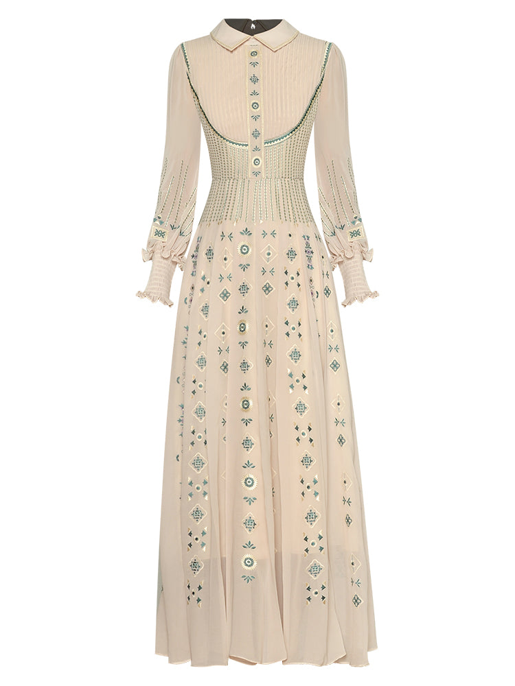 Beautiful Flower Embroidery  Lantern Sleeve Maxi Dress