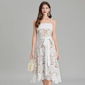 Snow White Lace Flower Embroidery Spaghetti Strap Dress