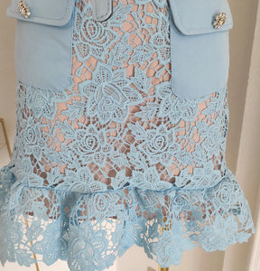 Baby Blue Belted Lacey Peplum Mini Dress