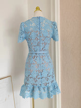 Load image into Gallery viewer, Baby Blue Belted Lacey Peplum Mini Dress