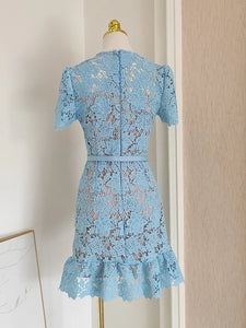 Baby Blue Belted Lacey Peplum Mini Dress