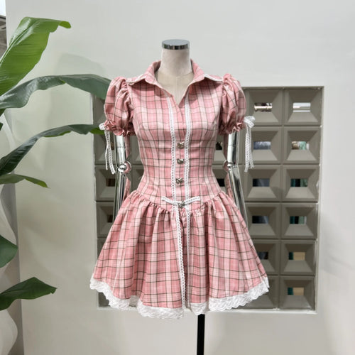 Sweet French Lace-up Bow Plaid Mini Dress with Shorts - Comes in Pink or Black