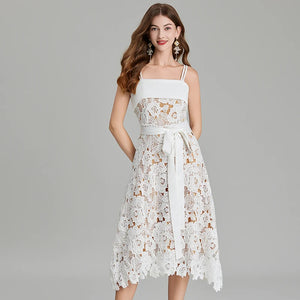 Snow White Lace Flower Embroidery Spaghetti Strap Dress