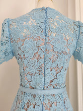 Load image into Gallery viewer, Baby Blue Belted Lacey Peplum Mini Dress