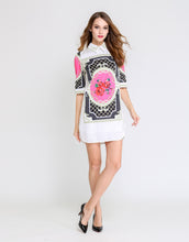 Load image into Gallery viewer, White collared shirt dress with Rose tiles