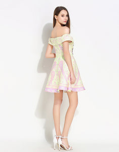 Comino Couture Bardot Yellow & Pink Print Dress